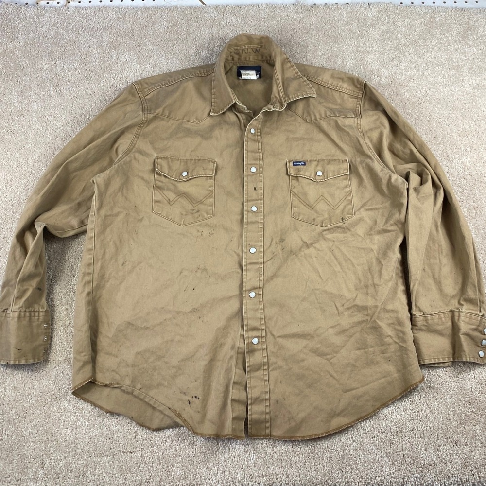 Wrangler Mens XL Tan Cotton Twill Western Pearl Snap Long Sleeve Work Shirt